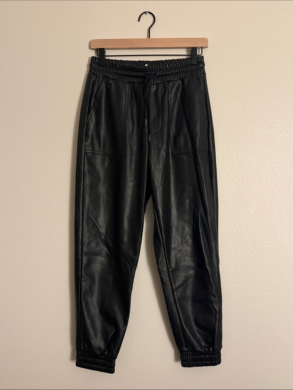 BCBG ENERATION  Black Faux Leather Joggers Pocketed Drawstring